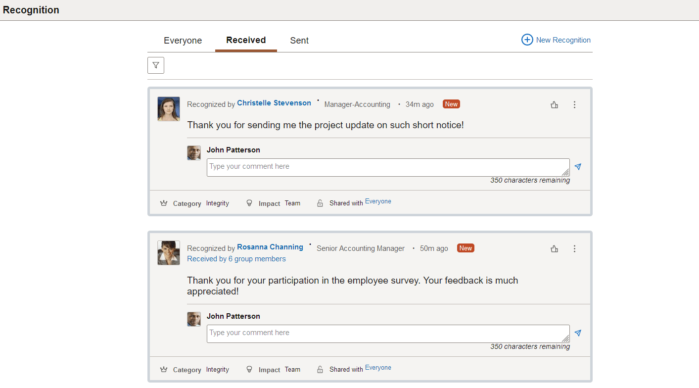 Recognition - Received page