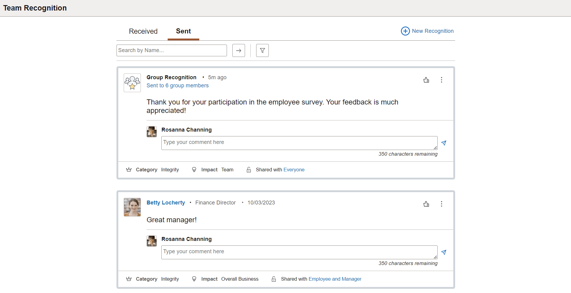 Team Recognition - Sent page