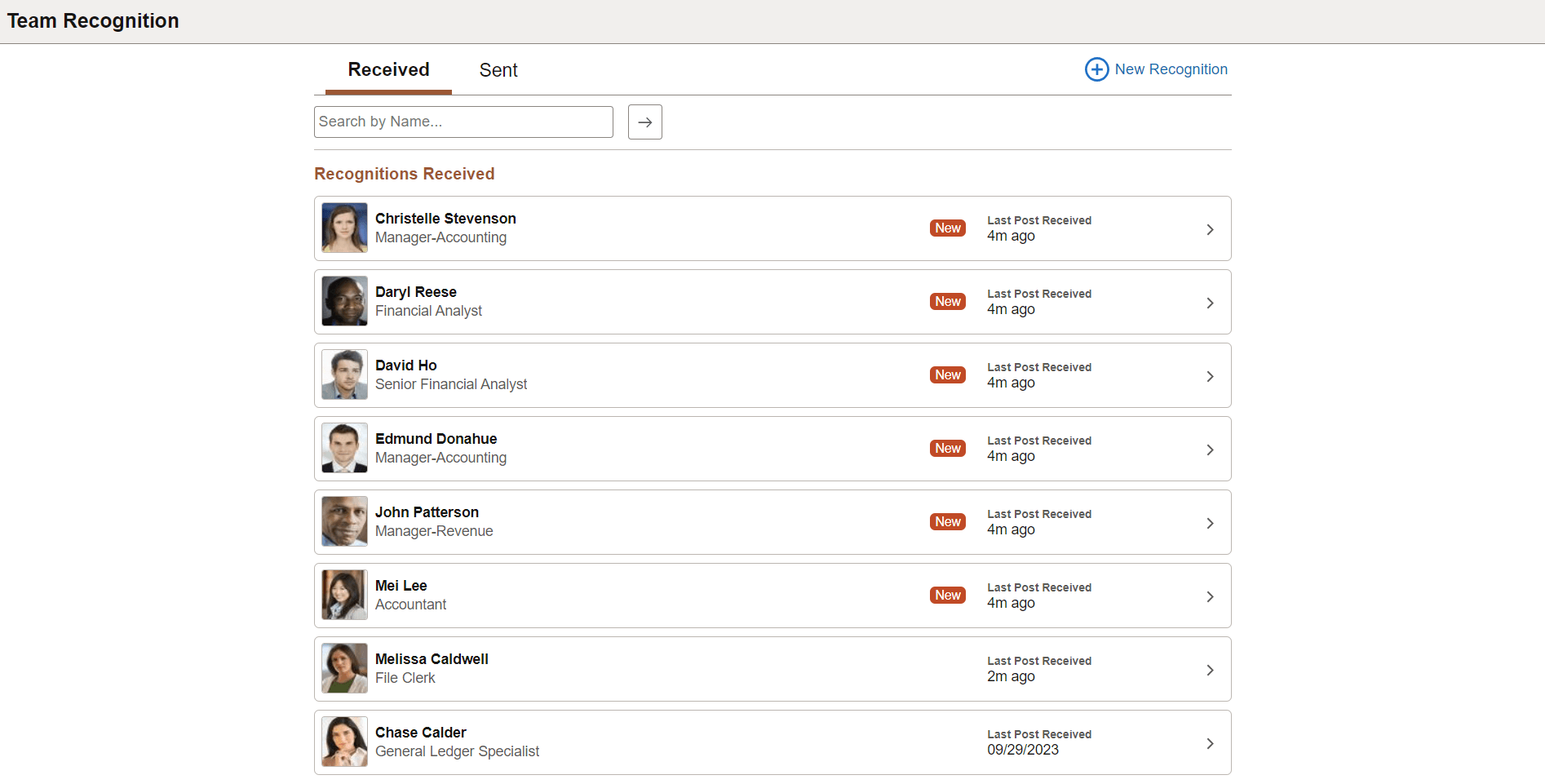 Team Recognition - Received page
