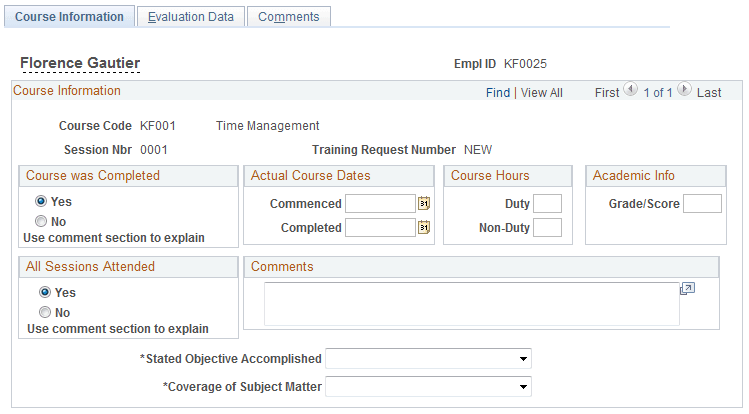 Individual Training Evaluation - Course Information page