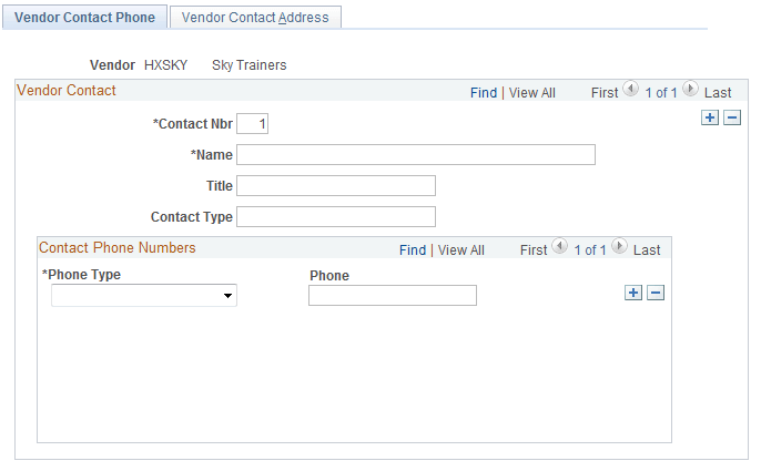 Vendor Contact Phone page