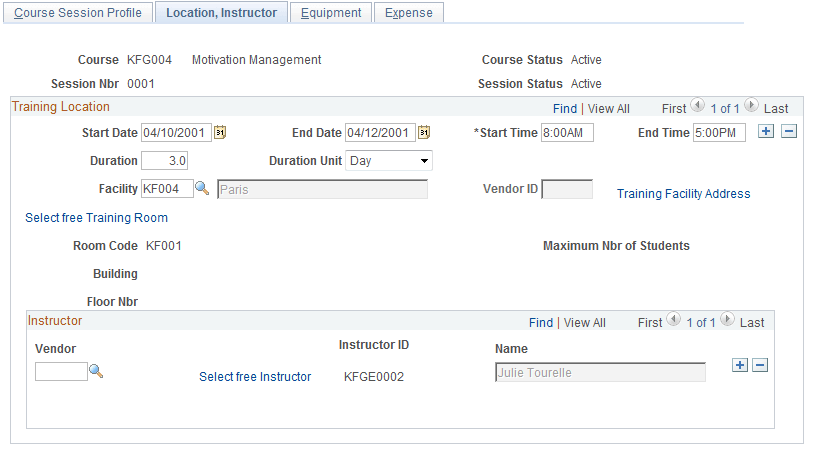 Course Sessions - Location, Instructor page