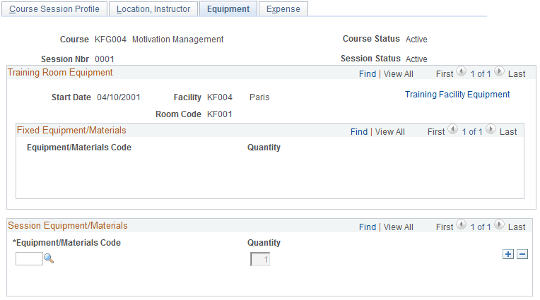 Course Sessions - Equipment page