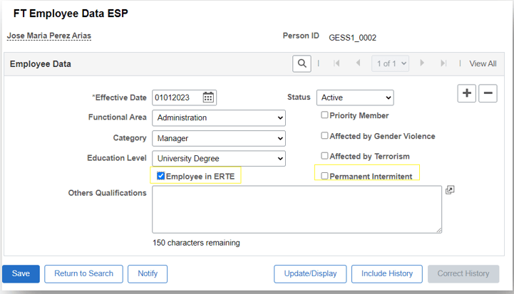 FP Employee Data Setup page