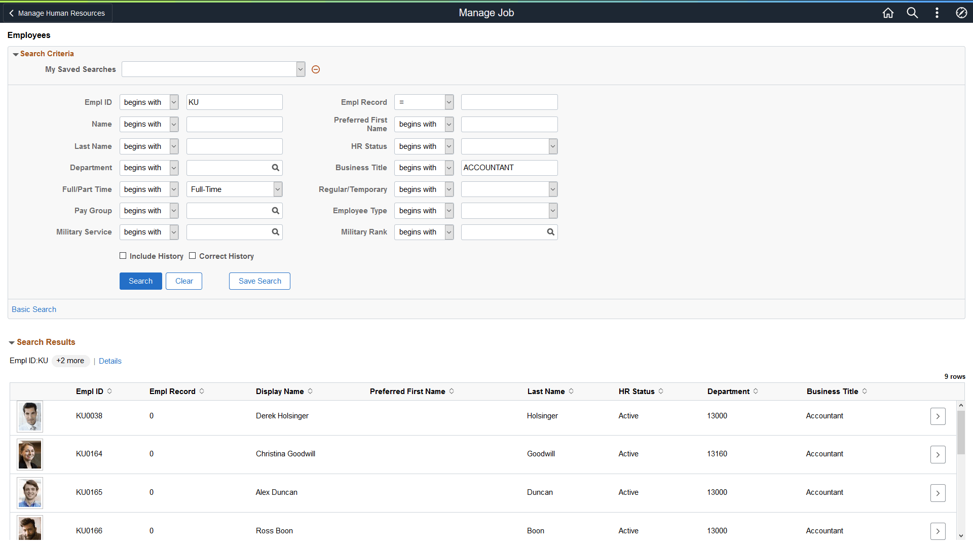 Manage Job - Search Criteria Page Showing Search Results