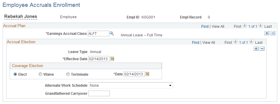 Employee Accruals Enrollment page