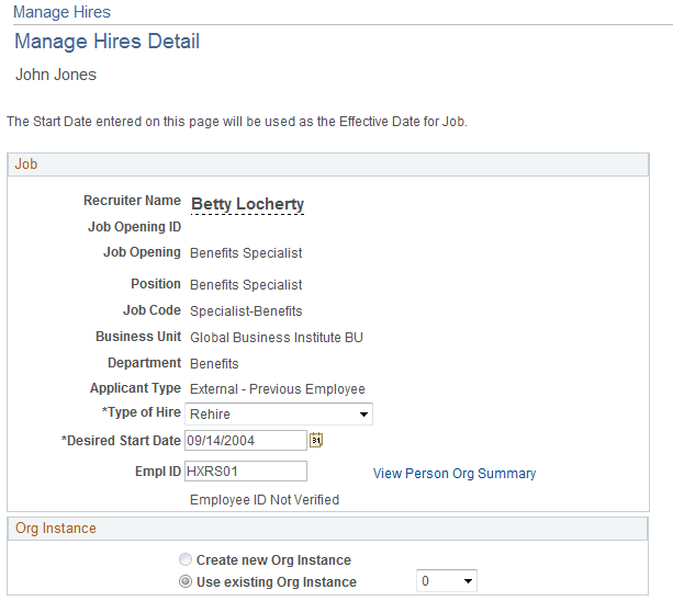 Manage Hires Detail page (1 of 2)
