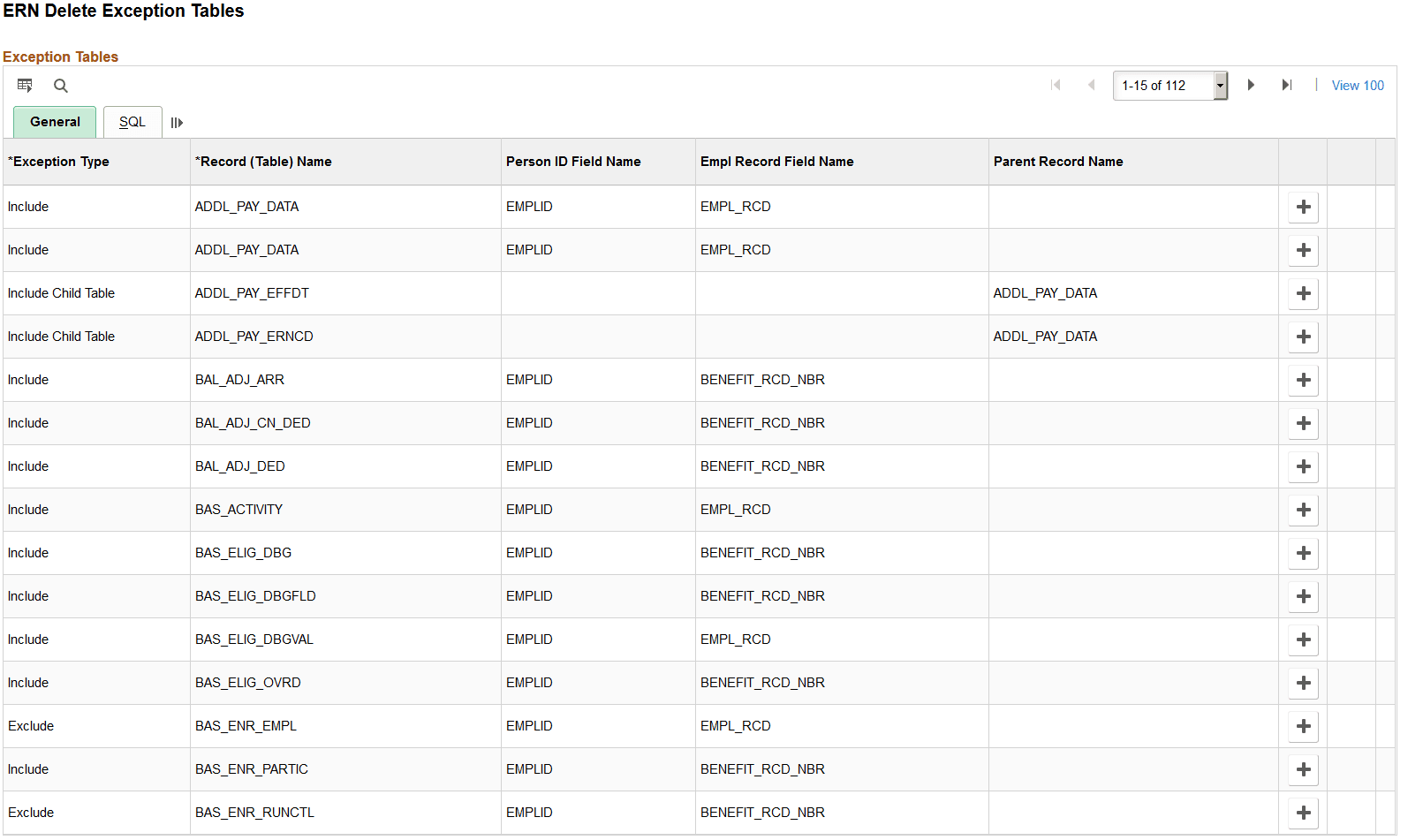ERN Delete Exception Tables page: General tab