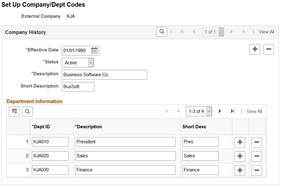 Set Up Company/Dept Codes page