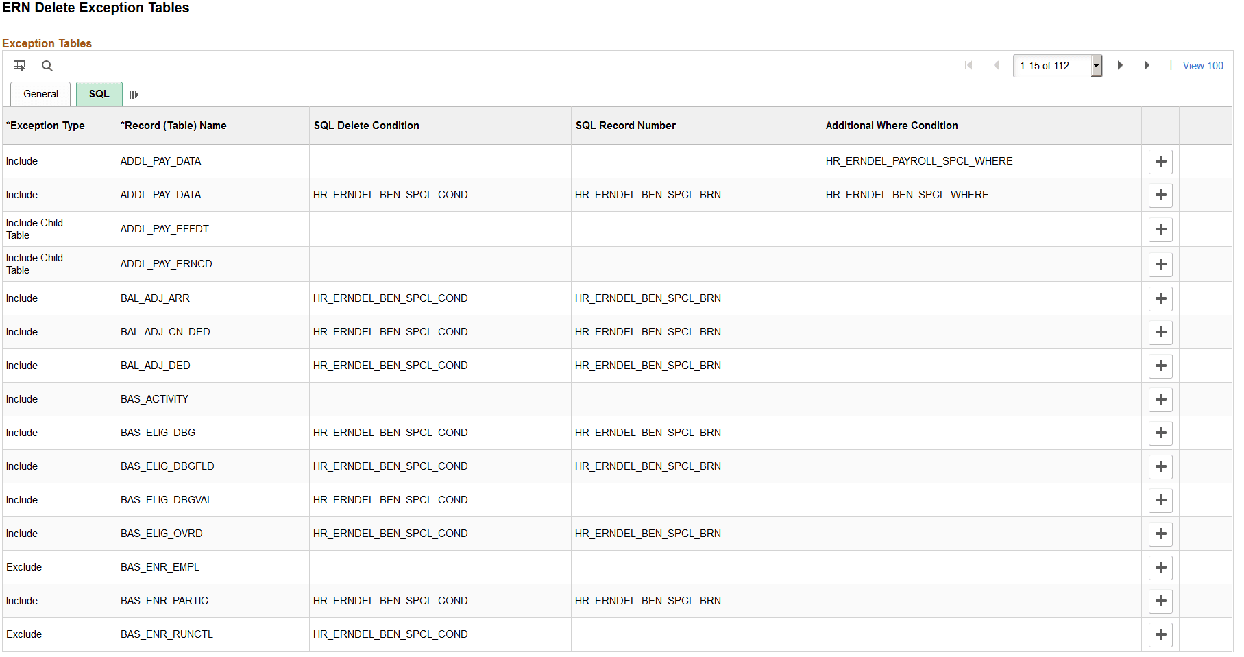 ERN Delete Exception Tables page: SQL tab
