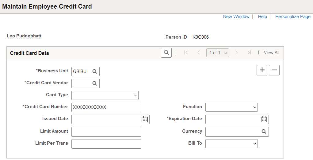 Maintain Employee Credit Card page