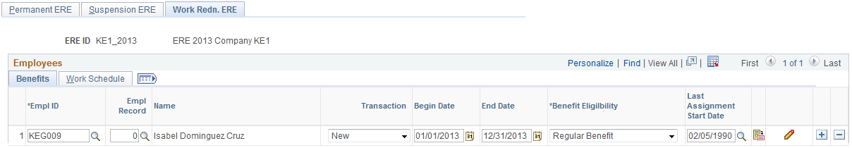 Work Redn. ERE page: Benefits tab