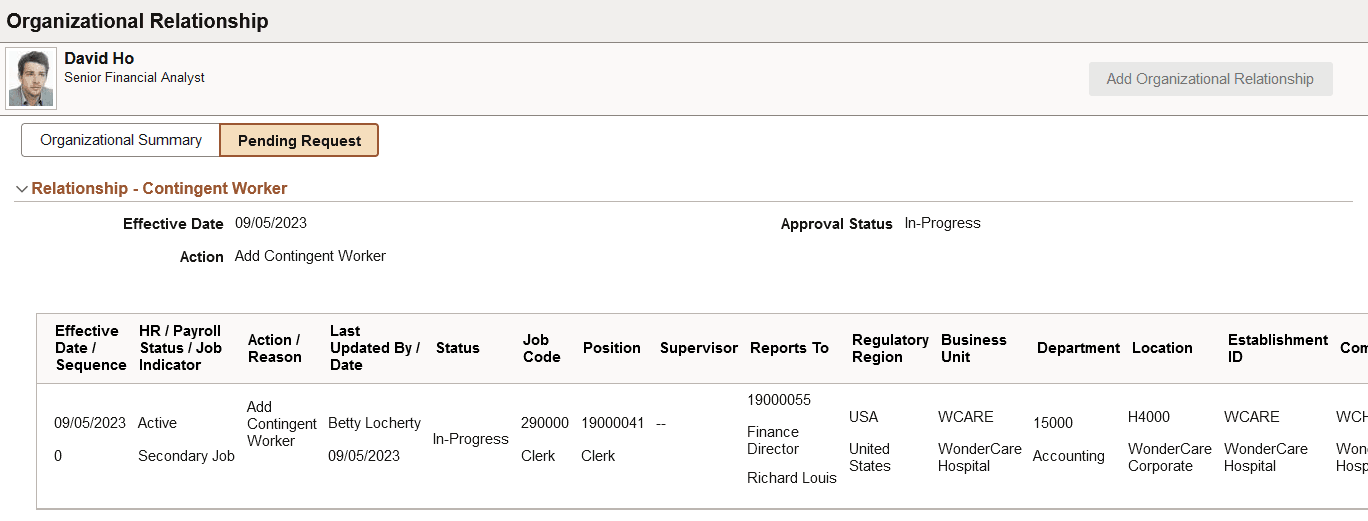 Organizational Relationship page: Pending Request tab (1 of 2)