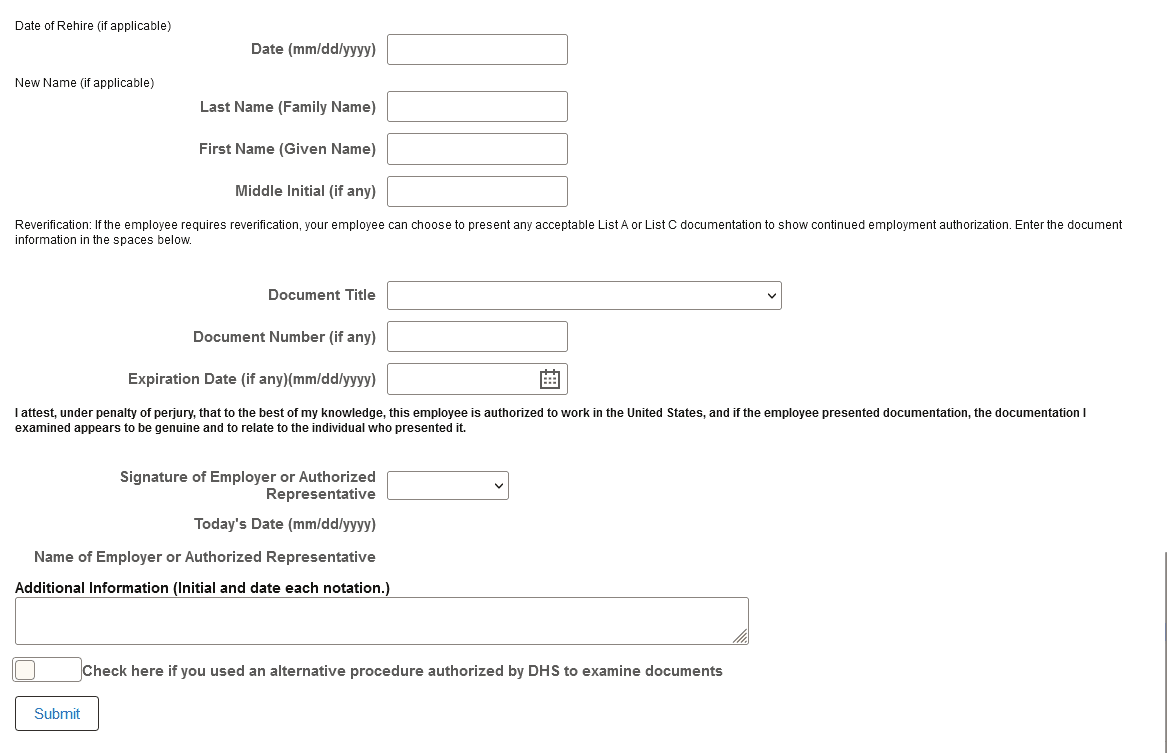 Verify/Reverify Form I9 Page - Supplement B, Reverification and Rehire (formerly Section 3) (2 of 2)
