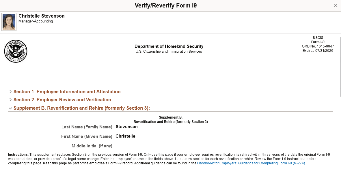 Verify/Reverify Form I9 Page - Supplement B, Reverification and Rehire (formerly Section 3) (1 of 2)