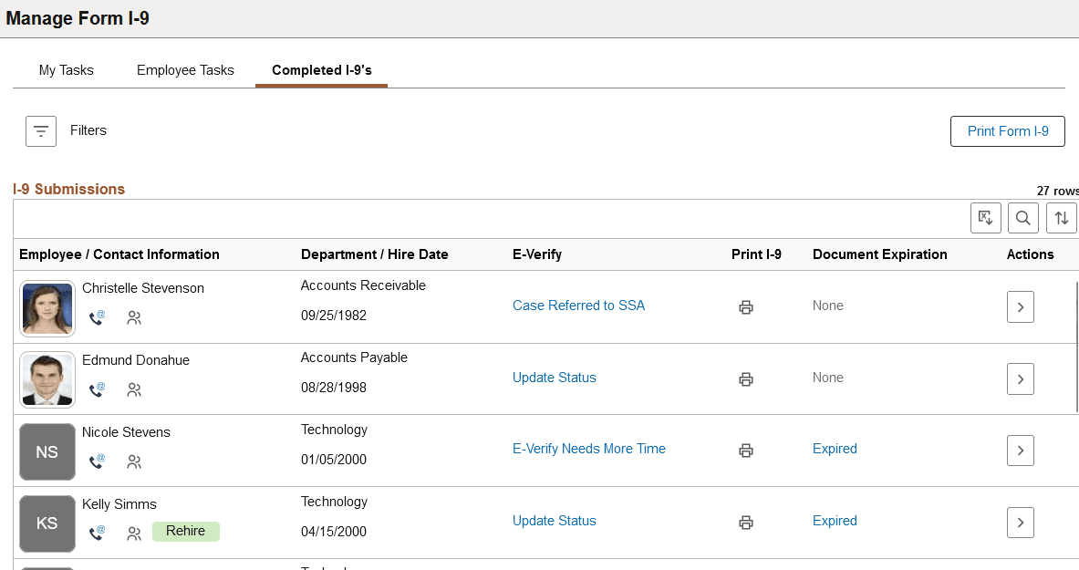 'Completed I-9's page with E-Verify enabled