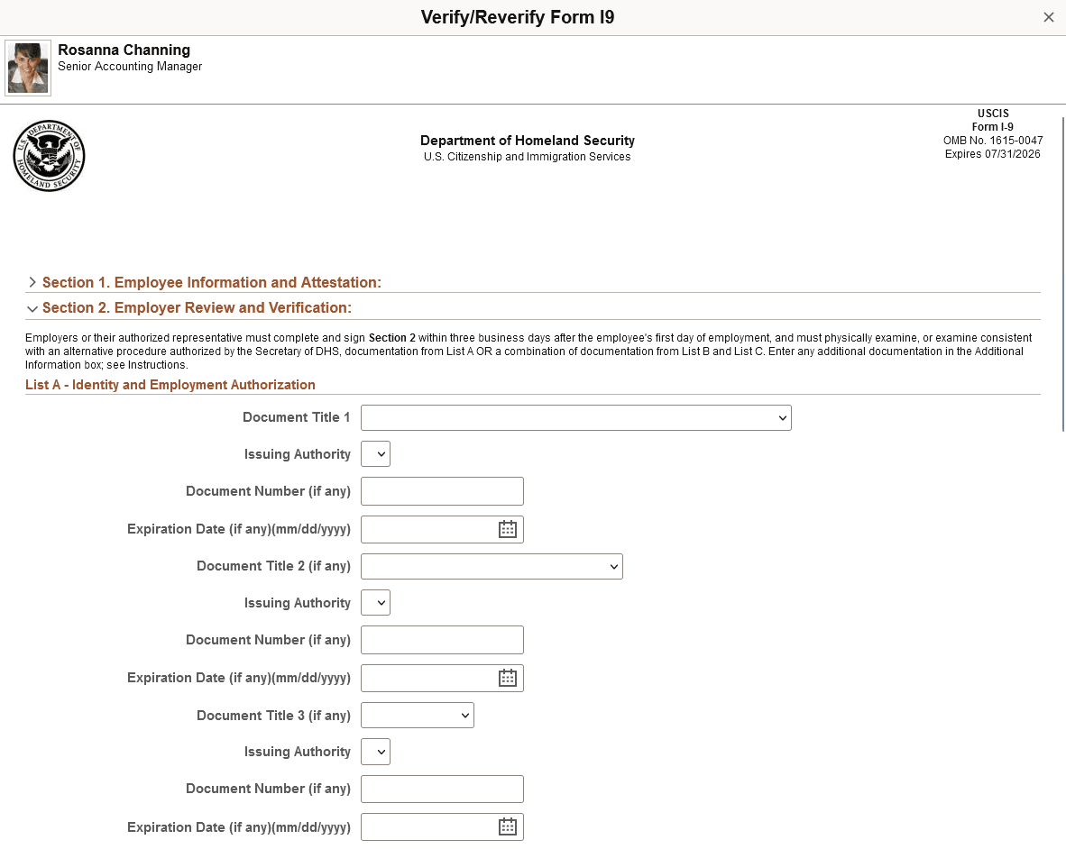 (Fluid) Verify/Reverify Form I9 Page, Section 2. Employer Review and Verification (1 of 3)
