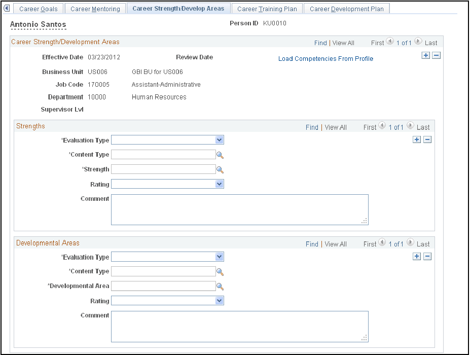 Career Strength Develop Areas page
