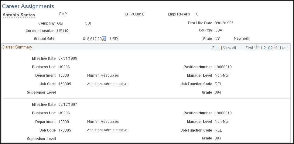 Career Assignments page
