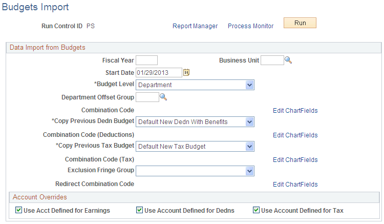 Budgets Import page