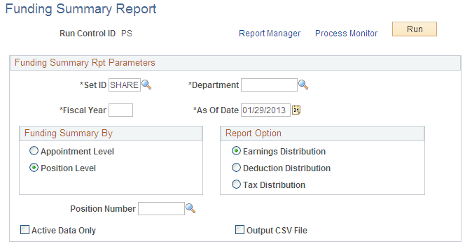 Funding Summary Report page
