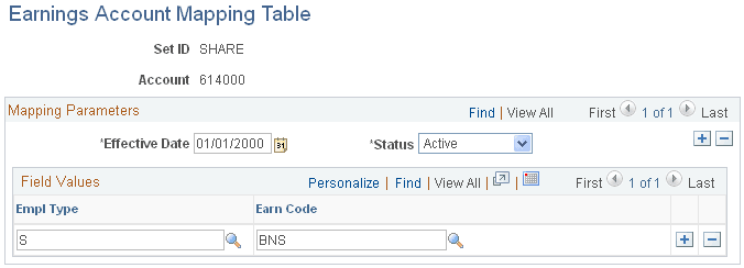 Earnings Account Mapping Table page