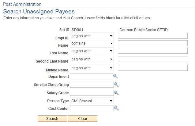 Post Administration - Search Unassigned Payees page (1 of 2)