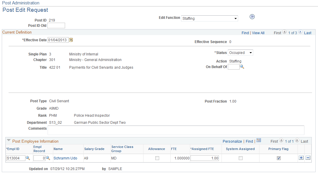 Post Administration - Post Edit Request page (edit function: Staffing)