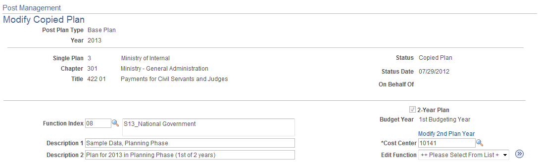 Post Management - Modify Copied Plan page (1 of 2)