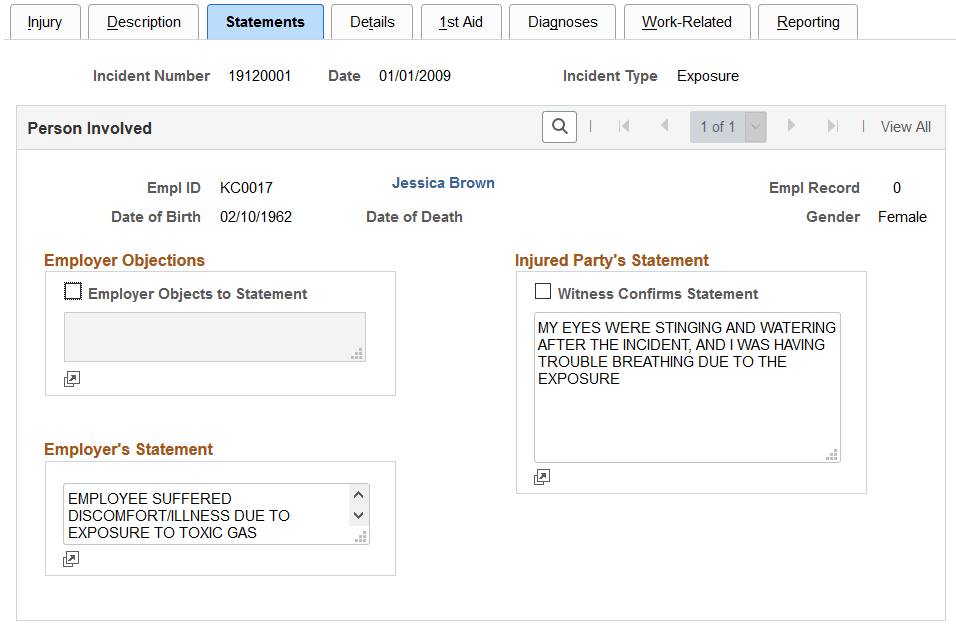 Injury Details - Statements page
