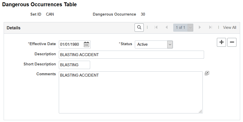 Dangerous Occurrences Table page