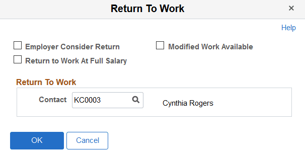 Injury Details - Return To Work page
