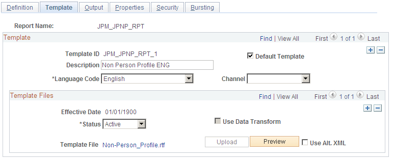 Report Definition - Template page