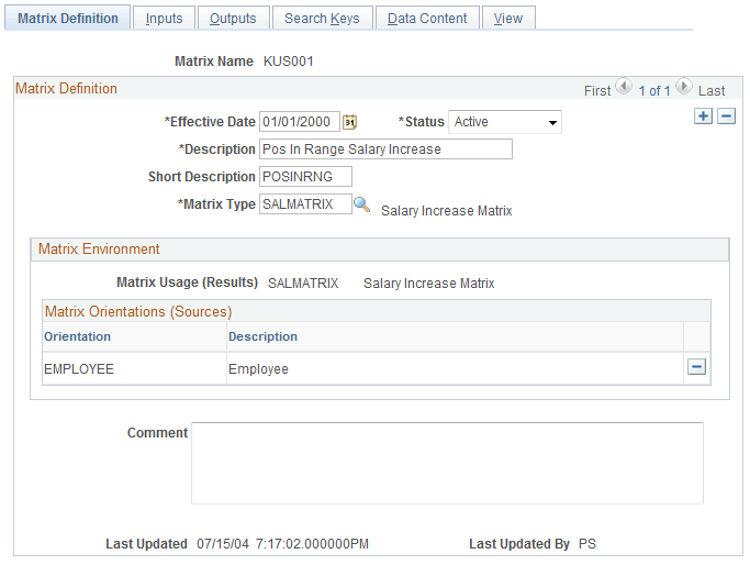 Matrix Definition page