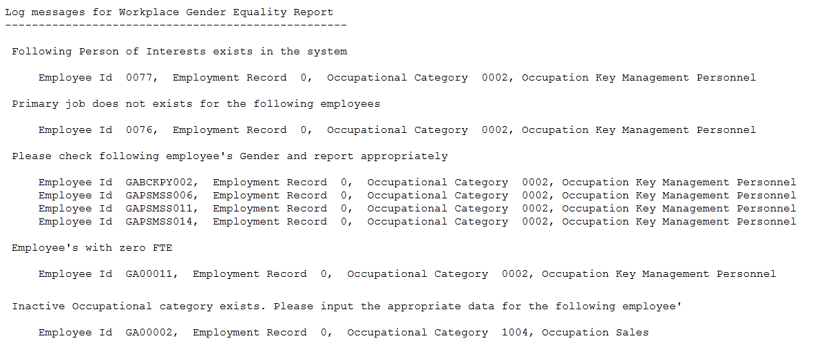 Log Messages for Workplace Gender Equality Report page