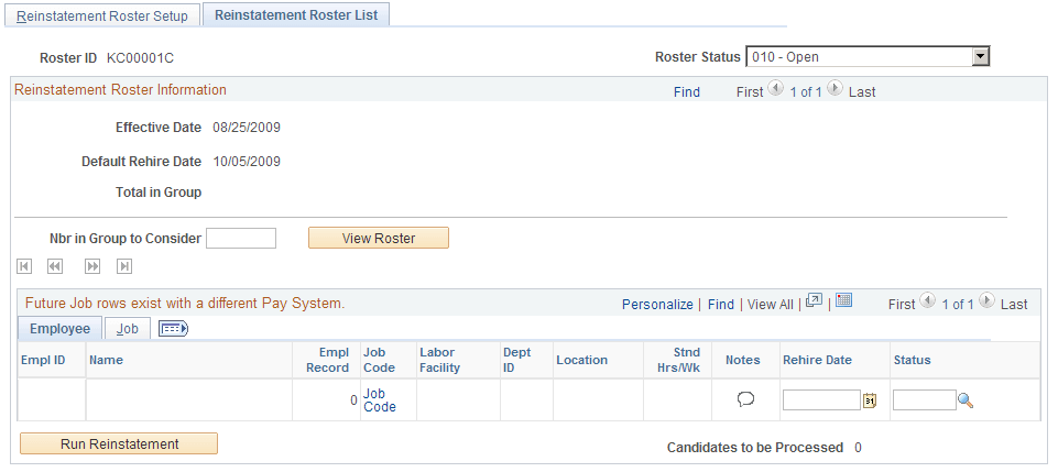 Reinstatement Roster List page