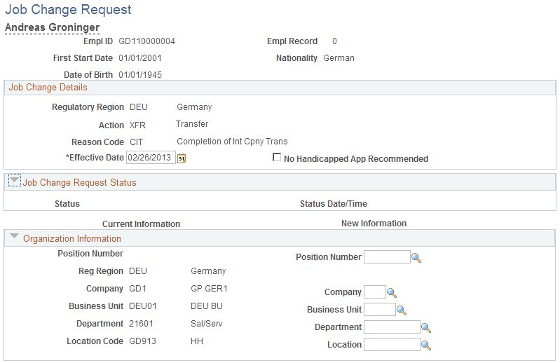 Job Change Request page, Transfer (1 of 2)