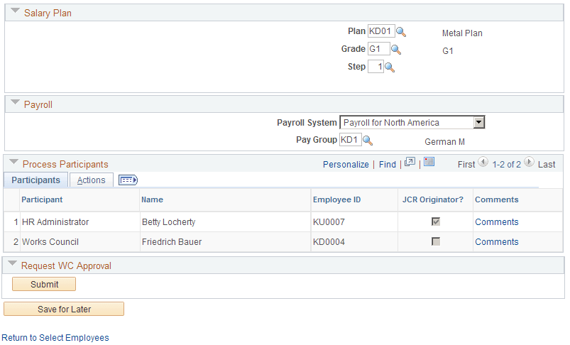 Job Change Request page, Hire (2 of 2)