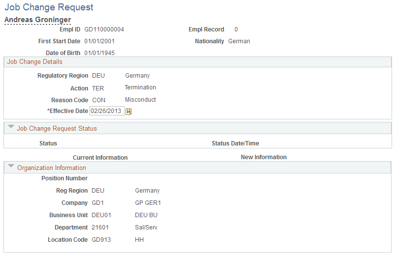 Job Change Request page, Termination (1 of 2)