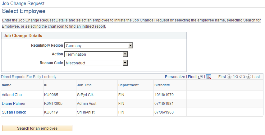 Job Change Request - Select Employee page: Termination action