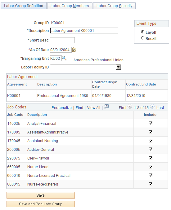 Labor Group Definition page