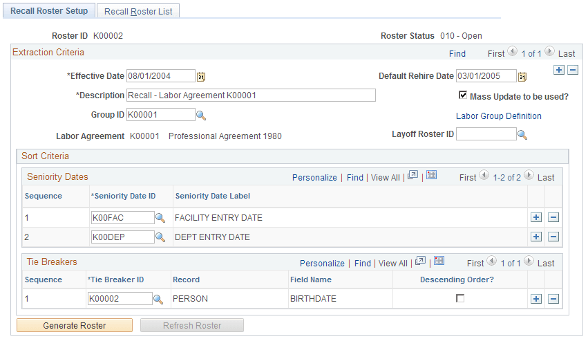 Recall Roster Setup page