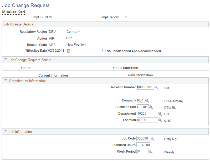 Job Change Request page, Hire (1 of 2)
