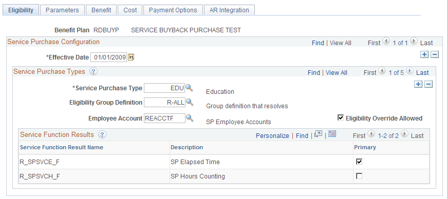 Service Purchase Configuration - Eligibility page