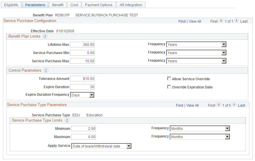 Service Purchase Configuration - Parameters page