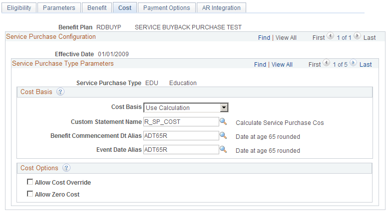 Service Purchase Configuration - Cost page