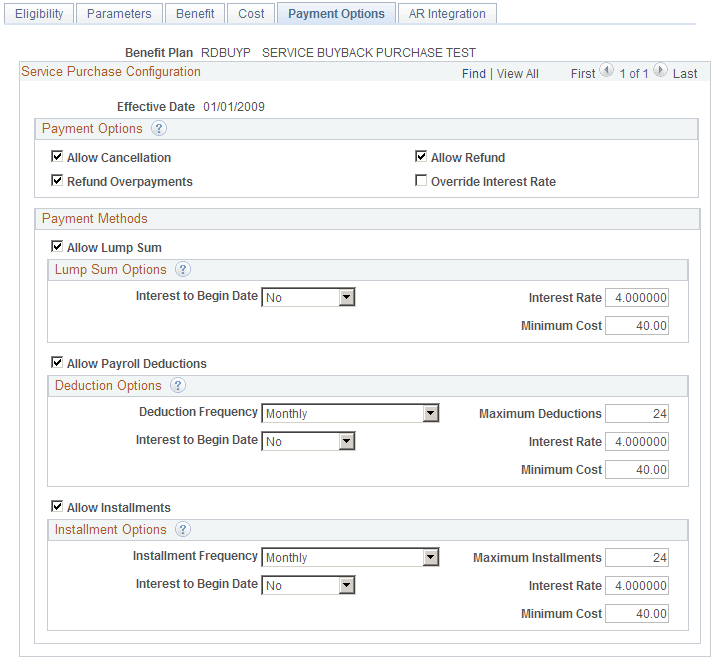 Service Purchase Configuration - Payment Options page