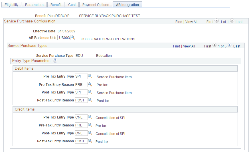 Service Purchase Configuration - AR Integration page (integration with PeopleSoft Receivables is active)