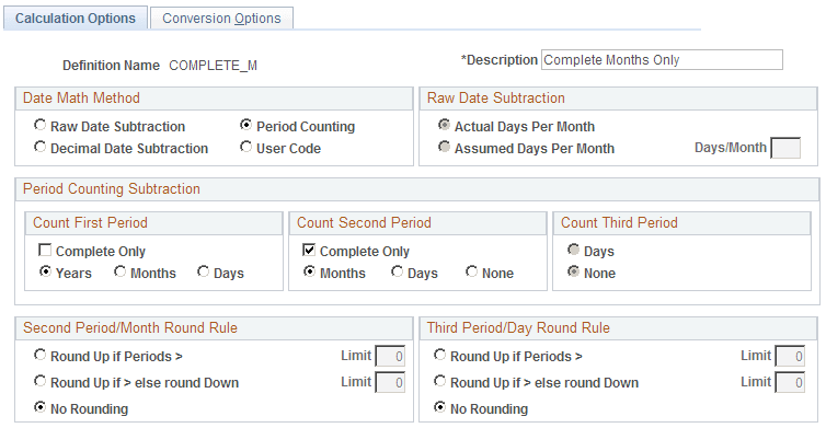 Duration - Calculation Options page