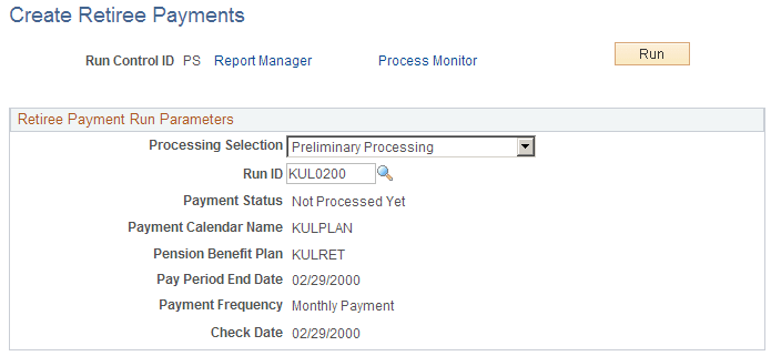 Create Retiree Payments page